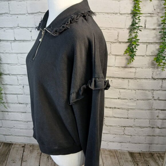 THE VINTAGE SHOP 1/4 ZIP FLEECE PULLOVER COLLARED TOP, BLACK, RUFFLED, SZ LARGE - Picture 9 of 10